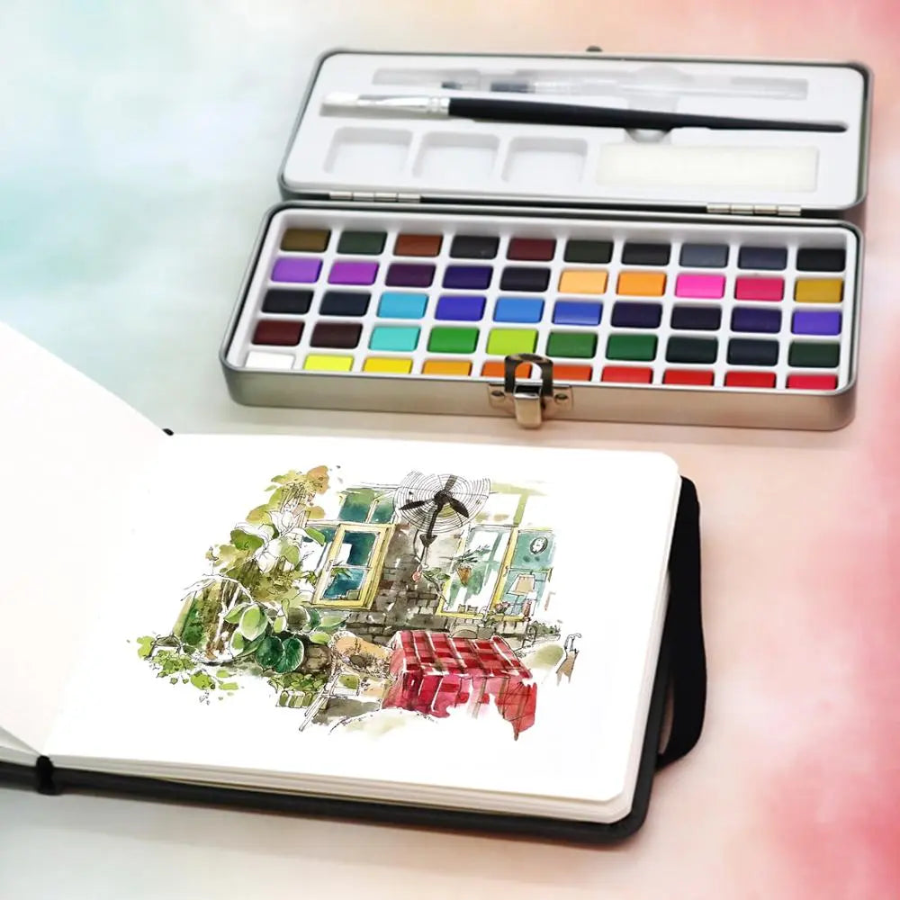 SeamiArt-Juego de pintura de acuarela sólida, caja de Metal portátil, pigmento de pintura para principiantes, suministros de arte de paleta de colores de dibujo, 50 colores