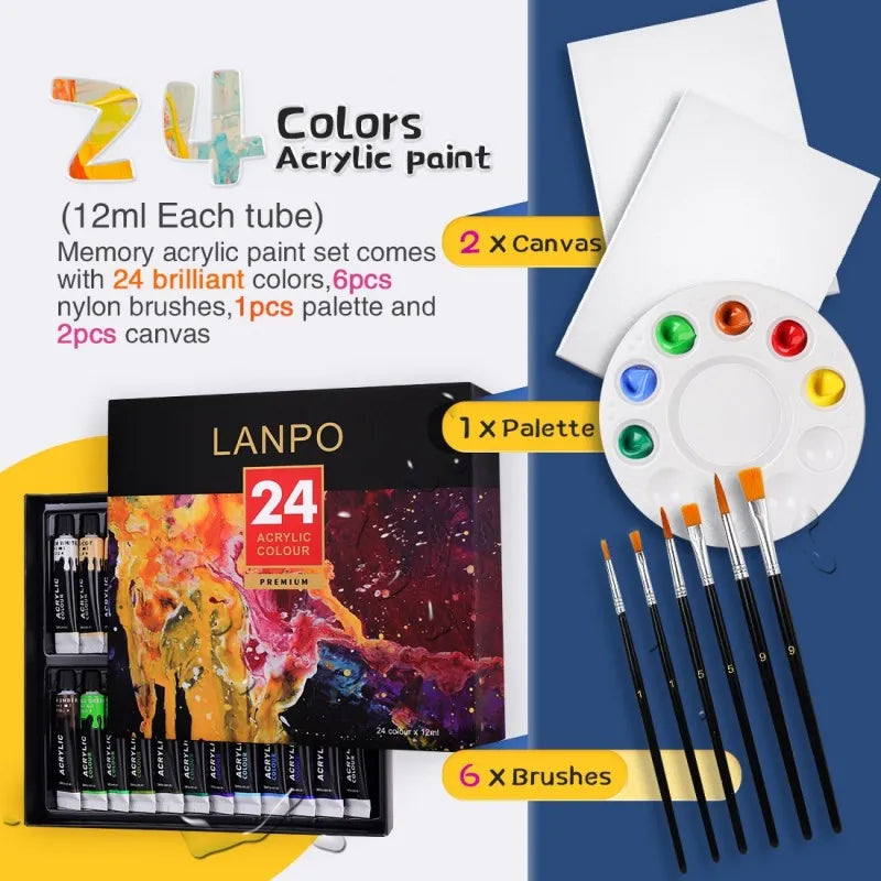 Pintura acrílica 12/24 con pincel y paleta, tubo de pintura acrílica impermeable para madera/lienzo/tela, Kit de dibujo artístico, 12 ML