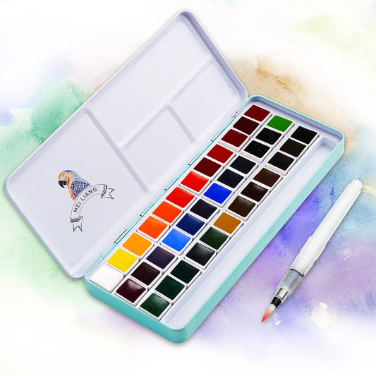 Meiliang-Juego de pintura de acuarela sólida, 36 colores, pigmento de acuarela no tóxico, estuche de Metal portátil con paleta y pincel de arte